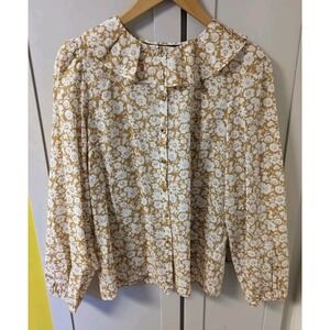 Boden Women’s Yellow Ditsy Floral Pleated Collar Button Down Blouse Top Size 6